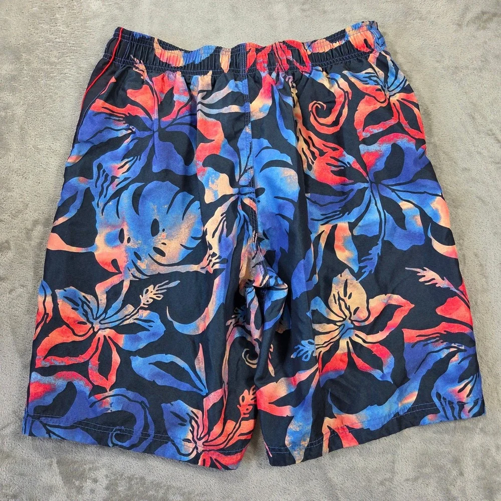 Speedo Mens Medium Tropical Floral Swim Trunks Blue Orange Monstera Board Shorts